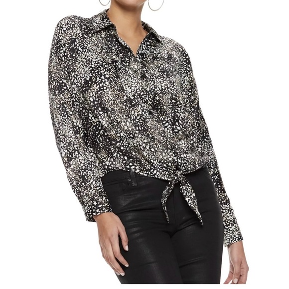 Nine West Black and White Tie Front Blouse with Notched Collar - Picture 1 of 6